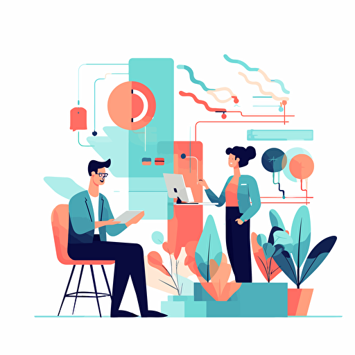 Create a contemporary flat vector depiction of a presentation using a corporate Memphis, Alegria, and flat illustration approach with a white backdrop and a restrained primary color scheme.