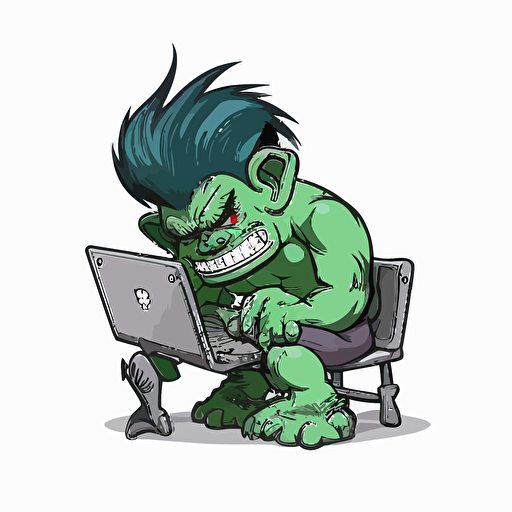 troll using a computer, vector logo, vector art, emblem, simple cartoon, 2d, no text, white background