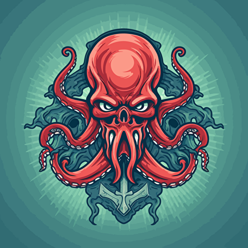 military logo style vector image of an angry octopus in animation style, the octopus is attacking to the right with a trident