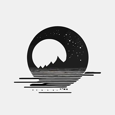 Minimalist black moon over mountains and water