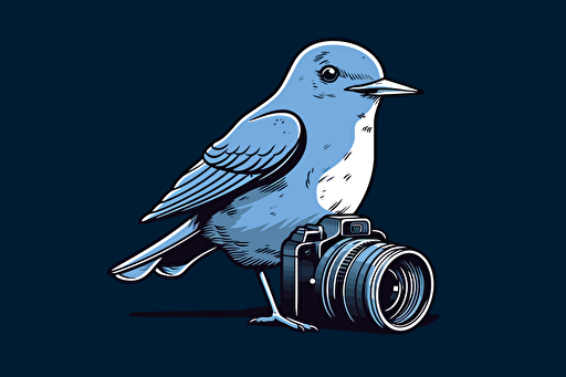 a swift bird perched on top of a dslr camera, vector logo, line drawing, minimalist, simple, two color, blue, white, black