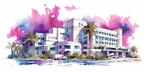 an ink illustration vector of cedars-sinai hospital watercolor white background the palette is purple fuschia magenta electric blue and green