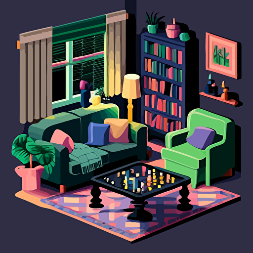 Based on Henri Matisse's cut-outs, design a vector illustration of a cozy living room where friends are gathered for a game night, using simple shapes and vibrant colors to represent the furniture, people, and board games. Set the scene on a rainy evening.