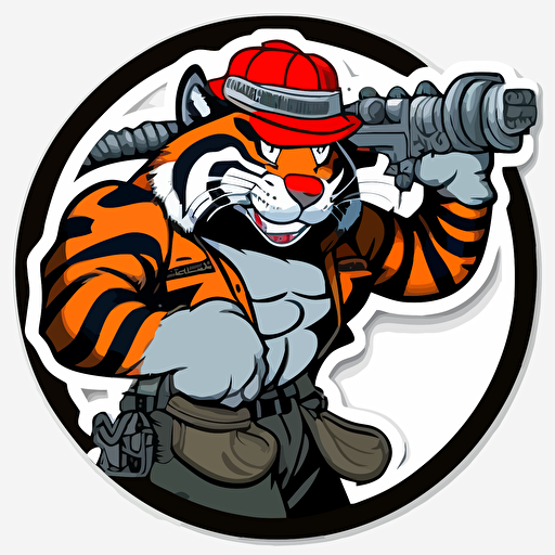 the classic Exxon tiger wearing a wide brim flat brim hard hat, industrial scene, cartoon, vector art, ultra contrast, holding a valve wrench or monkey wrench, circular sticker logo, dark, red, black, white, tiger wearing work clothes, tiger head, man body from waist up, tiger has a tough look on his face, tiger’s face and body are dirty from working in the oil industry, tiger is muscular