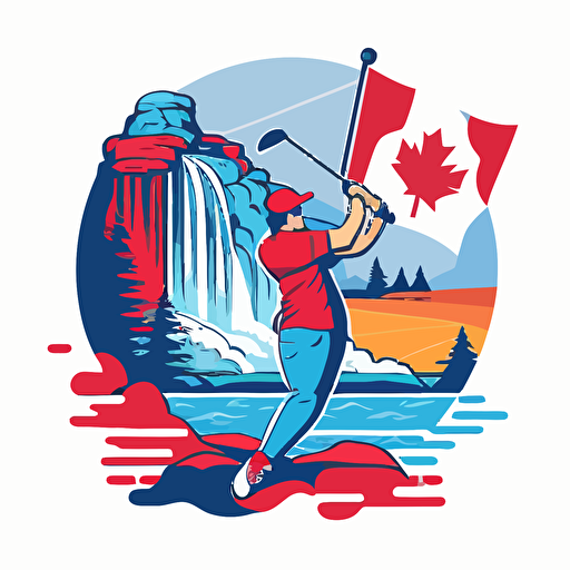 a flat vector logo of of a golfer swinging, in the background you can see the CN Tower and a waterfall, blue and red colors, no text