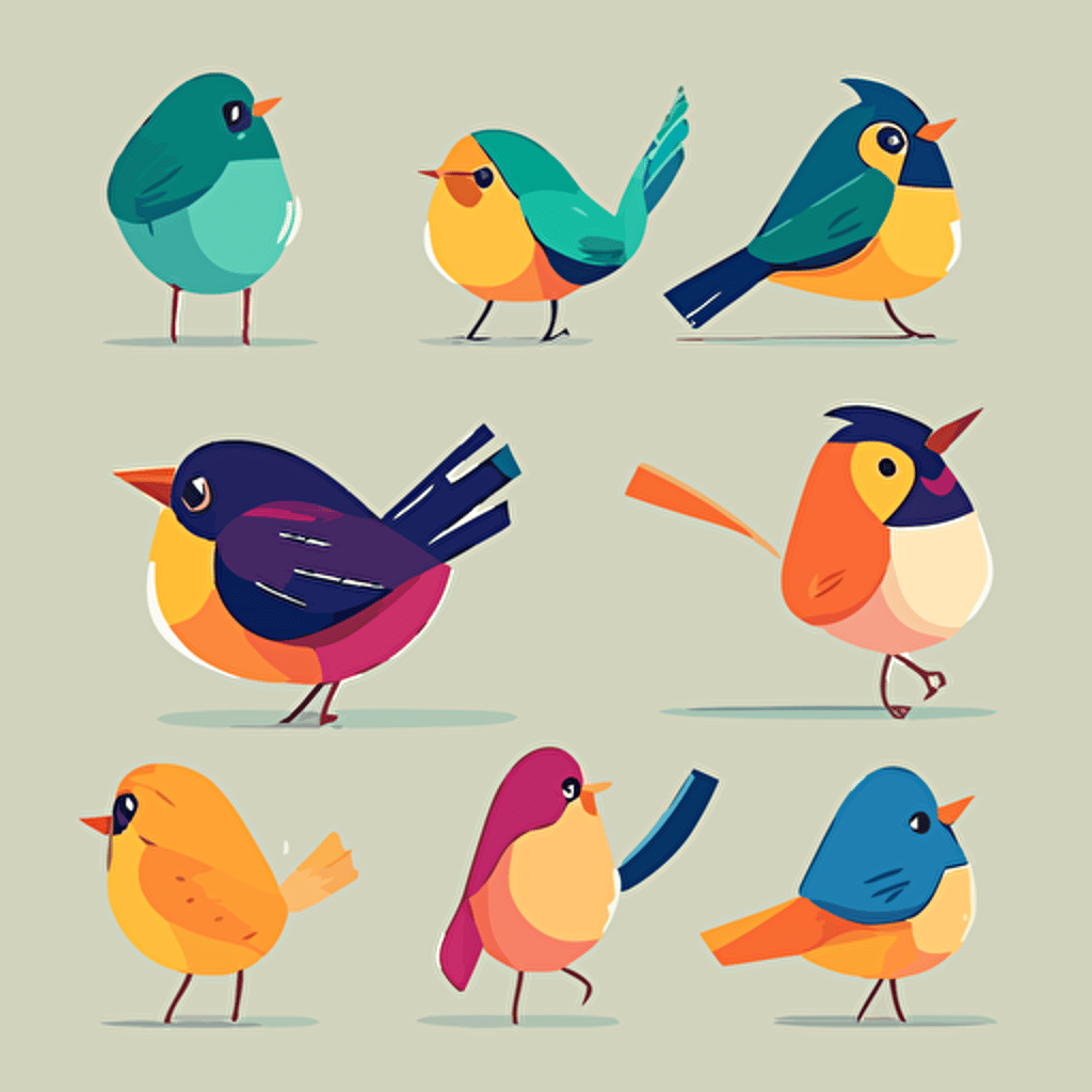 expressive cartoon bird poses, vector, minimal, flat, contemporary, simple