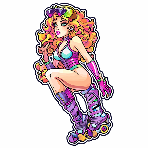 roller blade girl lisa frank style, sticker, white background, contour vector, view from above, attention on detail and proportions