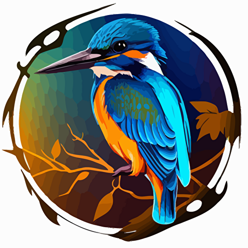 Logo of a beautifull kingfisher logo picture, the bird sitting on a branch, in the right colors, comicart, vectorized