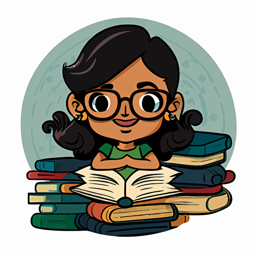 Imagine a Disney-style vector caricature of a nerdy Indian girl sitting and smiling against a plain white background. The girl is wearing glasses and surrounded by a pile of books. The artwork is designed in a round circle format, with a whimsical and playful tone to it. 12k v 5