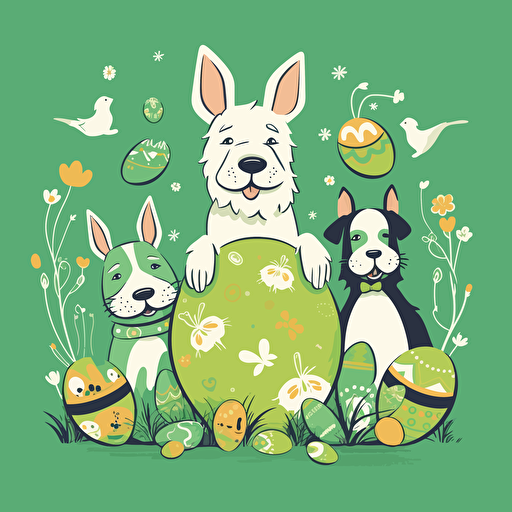 easter bunny with happy dogs around easter egs. Vector grafic, Green background