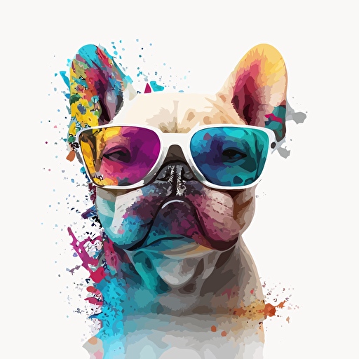 a very cute white french bull dog wearing big sunglasses, as a cartoon type, as a vector, white background, bright graffiti colors