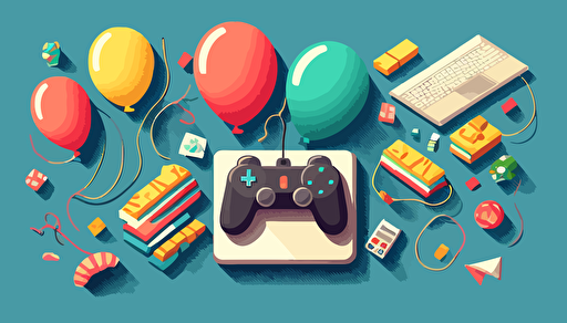 balloons, birthday cake, party and gaming stuff like mouse, keyboard, gaming controller, vector gaphics, flat background