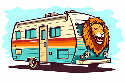 2d illustration, lion 1970's trailer simple vector colorful sticker