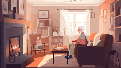 vector art, cute cosy livingroom, elderly couple sitting on the sofa reading a photobook, central perspective, illustrator, after effects, reduced color palette