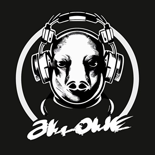 a logo for a dj, with a face pig like the meaning focus with a headphones around his ears, black and white, simple, no textures, plain color, simple, no to much details vector style