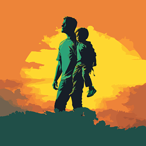 vector art, silouhette, a little boy sitting on his dad's shoulders, fun colors and kid friendly vibes.