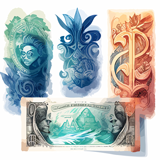 beautiful watercolor fantasy banknotes with ancient Polynesian imagery and symbols, vector art, slight anime style, medium detail