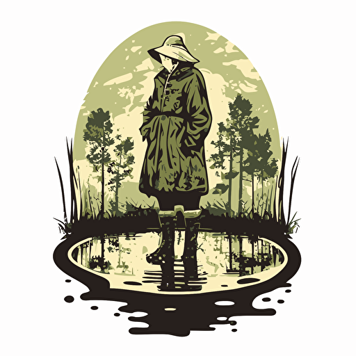 A logo with an old lady in rubber boots standing in a swamp as the symbol. Vector, simple, two-color with white background