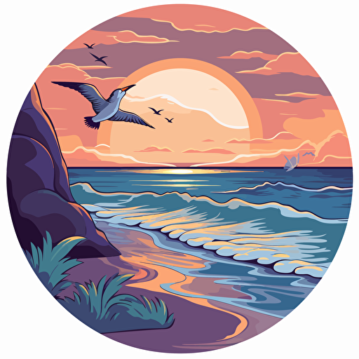 A beach scene with earth tones and shades of blue, purple, pink, and orange. The image should be simple, cartoon-illustrated, and vector-based. It should feature a stylized ocean wave with a seagull flying above it and a palm tree in the background. The colors should be vibrant but not overly bright. The image should work well as a sticker on a white background.