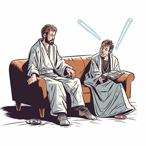 luke skywaker in jedi robes holding a lit lightsaber, lying on a psychiatrists couch looking worried and confused, as a psychiatrist with a notebook asks him questions comic book style vector drawing white background