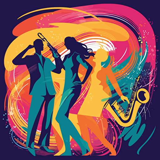 vector illustration of a saxophone player with a happy couple dancing around him, in vivid colors