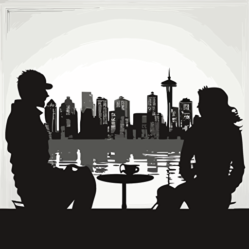 Illustration of an urban environment of two people drinking coffee in the background of the Seattle city skyline silhouette, vector isolated on the white back ground