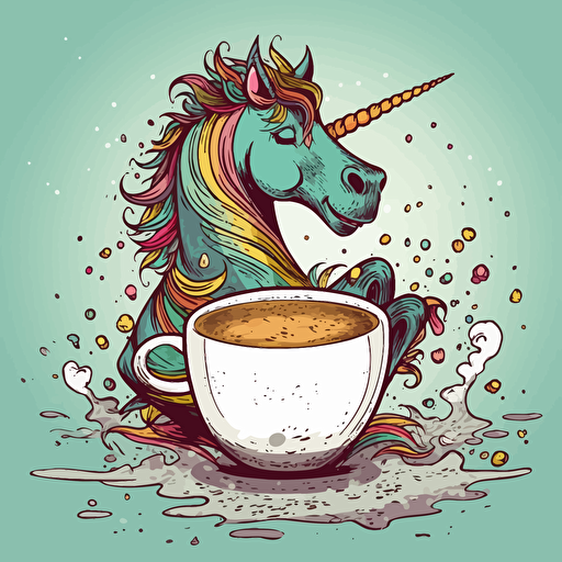vector hand drawn rainbow color unicorn drinking coffee