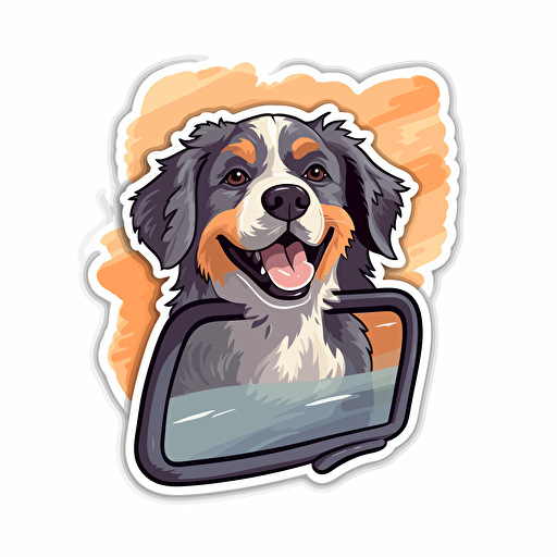 a sticker design, clipart vector style, of a dog with his head out the window, logo vector illustration, the dog looks happy, chillin, enjoying the ride, isolated on white background