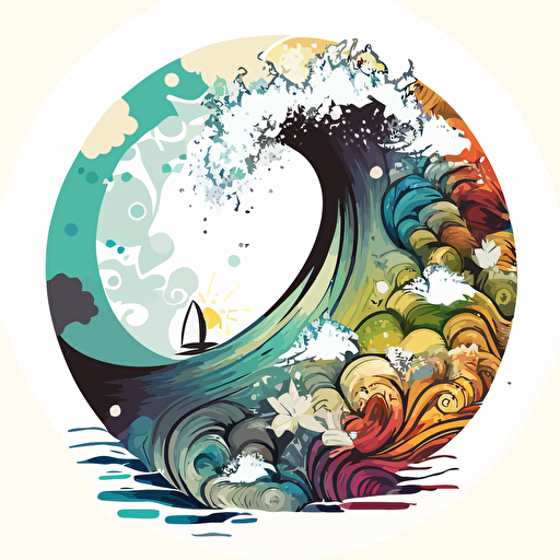 vector surfboard scene in a circle with waves and water colorful