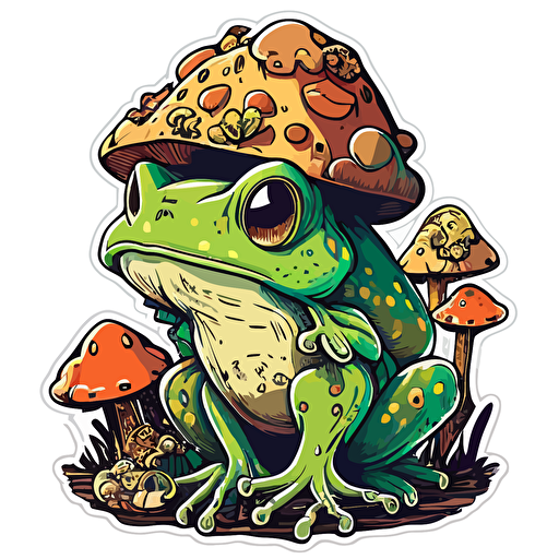 cute frog with toad stools, Sticker, Cute, Secondary Color, Retro, Contour, Vector, White Background, Detailed