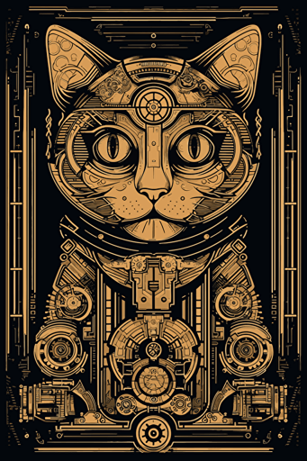 fritz lang metropolis movie female robot but as a cute cat, symmetrical, vector, simplified stream lined decopunk art deco design, 1920s retro scifi poster