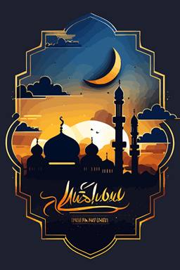 flat vector design, happy eid mubarak, mosque, sunset, layers of clouds, blue and gold