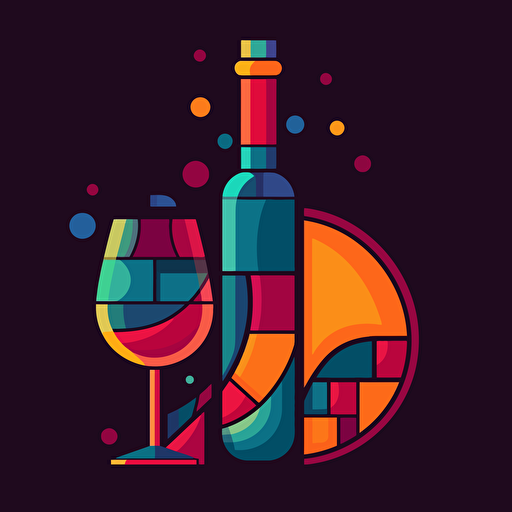 vector logo, multicolored wine bottle and glass, whimsical illustration, primary colors