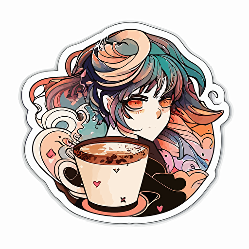 Cappuccino , Sticker, Lovely, Bright Colors, Anime, Contour, Vector, White Background, Detailed