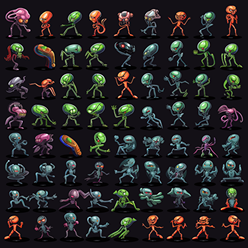 24 action poses for a video game sprite sheet, no background, brand new aliens by DJ SHADOWMIND, vector art,