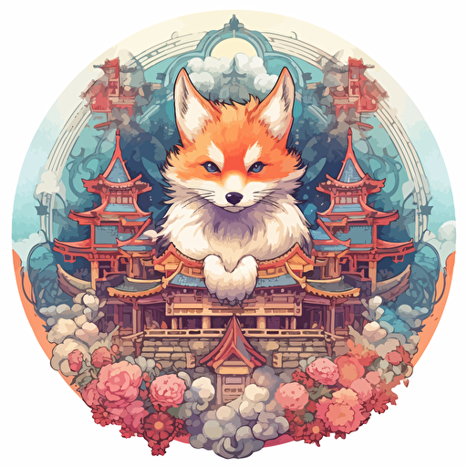 round up design with digital illustration of japanese shrine with kitsune, magic world inspired by Studio Ghibli, vector illustration, intricate details, unreal engine, extremely high detailing, sharp, white background