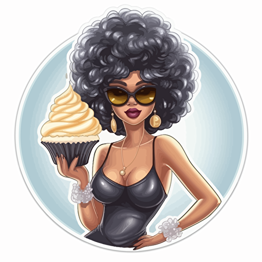 sticker vector illustration, a black female stylish with diva sunglasses and diva attitude, in a dress made of delicious vanilla frosting, with hair like vanilla frosting too