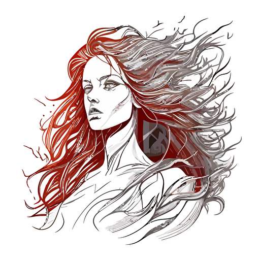 a beautiful red haired witch with long flowing hair, in the future, beautiful light,beautiful highly detail facial feature, high definition, Minimal, Contour, Vector, White Background, Detailed