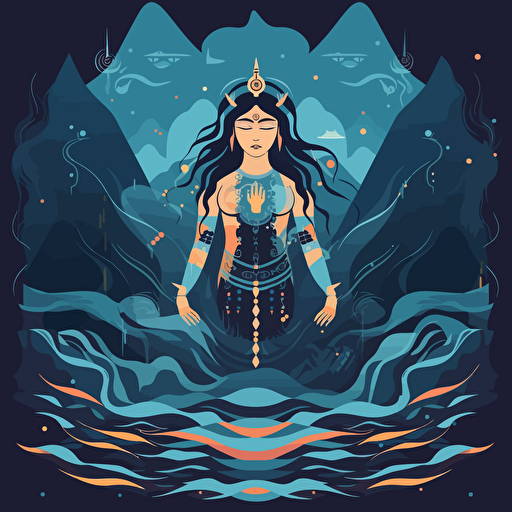 Simplified flat art vector image of esoteric mantra shiva with a figure in colorful costumes stands above the water, in the style of textured and layered abstract forms, geometric surrealism, on dark background