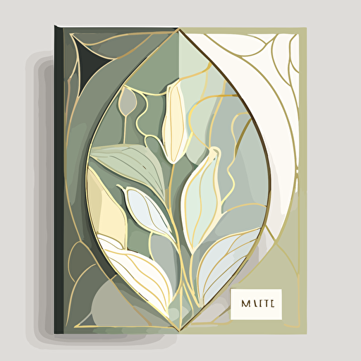 front page wedding booklet design. Stained glass petal art. Muted colors. Light green, gold, white. Nature. Minimalistic. Flat vector illustration.