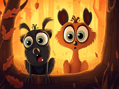 Vector illustration of 2 scared squirrels in front of a giant black spider from a magical wood. pixar animation, cute, magical wood background, beautifull lighting, soft color, yellow glowing flowers,