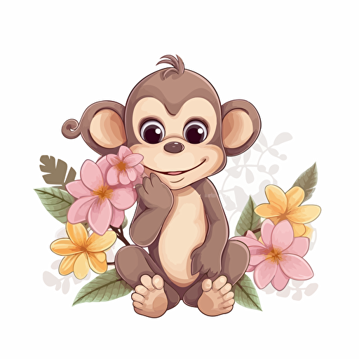 cute monkey with flowers, detailed, cartoon style, 2d clipart vector, creative and imaginative, hd, white background