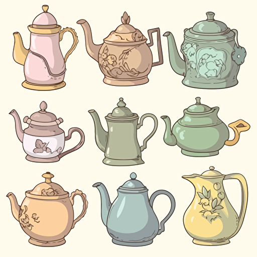 sticker sheet of different types of antique tea pot, pendrawing, soft pastel color, white background, vector