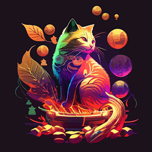 cat japanese style with fire flames gold coins fruits hi-tech vector detailed high definition purple green red white