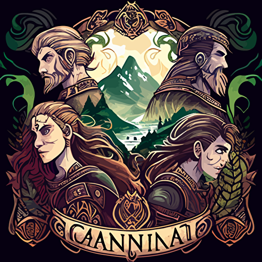 fantasy game cover, detailed, vector art, style of art nouveau, 4 charaters, hints of celtic designs, hints of viking designs, on a background of mountains, and forests