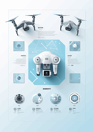 Product flyer, technology, electronics, drone theme, flat vector design, white background, pastel blue foreground, four main products on display, large heading at top, modern, corporate