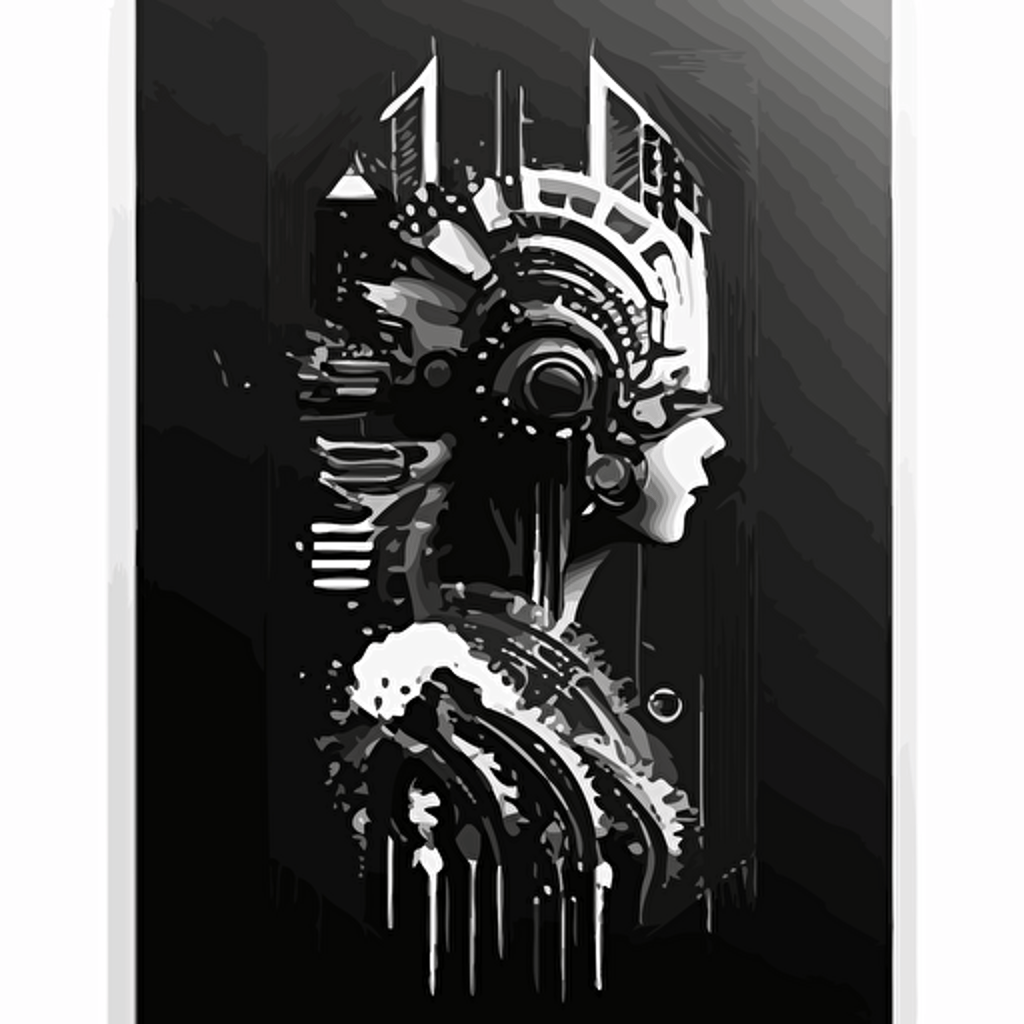 A3 vertical poster, with techy and organic vector elements abstract, cyberpunk with futuristic and minimalistic style using vector elements in black and white, vertical mirrored — v5 — 30:42 — seed 1