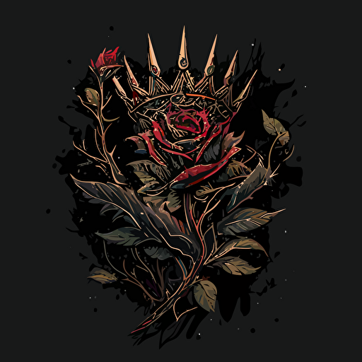 A thorny rose with a crown on its head, vector logo, black background, minimalistic, simple v5