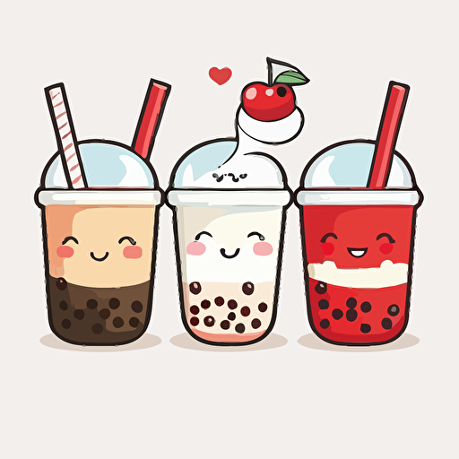 3 cute Japanese drinks smilling red and white. Vector style. 2D. Drawing.
