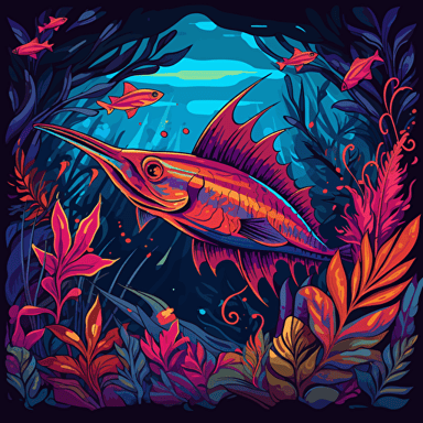 Atlantic Striped Marlin in the jungle, jungle plant motifs surrounding the Marlin, 2d vector, neon colours, epic composition, vector design on the edges of the image